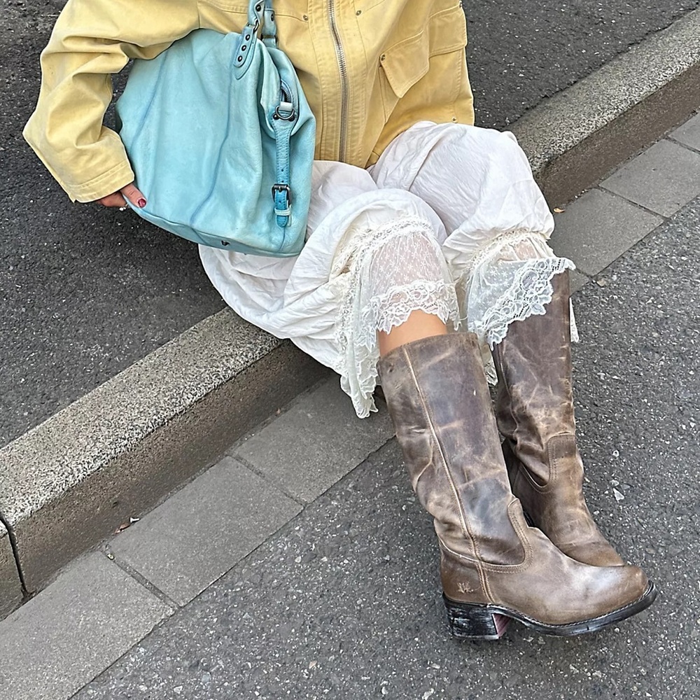 Frye Distressed Brown Leather Knee Boots